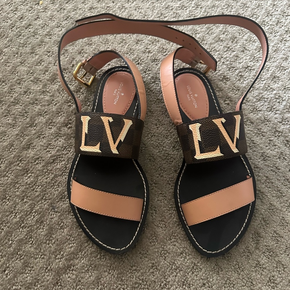 Louis Vuitton Black and Tan Sandals with Gold Accents